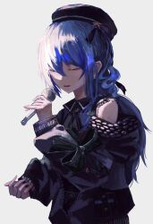 Rule 34 | 1girl, beret, black bow, black hat, black jacket, black ribbon, black shirt, blue hair, bow, collared shirt, commentary request, dot nose, earrings, hair between eyes, hat, hat ornament, hat ribbon, highres, holding, holding microphone, hololive, hoshimachi suisei, jacket, jewelry, long hair, long sleeves, lui n24, microphone, neck ribbon, one eye closed, open clothes, open jacket, open mouth, partially unzipped, ribbon, shirt, simple background, single bare shoulder, sleeve bow, solo, star (symbol), star hat ornament, upper body, virtual youtuber, white background