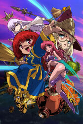 4girls absurdres bikini blue_robe bob_cut bracelet candy cotton_(character) cotton_(game) fairy fairy_wings food happy highres holding jewelry multiple_girls official_art open_mouth pink_hair red_eyes red_hair robe short_hair silk_(cotton) sky swimsuit tamura_hideki wings witch