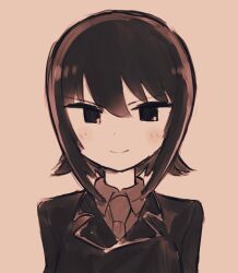 Rule 34 | 1girl, black eyes, blush, brown hair, collared shirt, eisu (eith), girls und panzer, hair between eyes, highres, kuromorimine military uniform, kuromorimine school uniform, military uniform, monochrome, necktie, nishizumi maho, school uniform, shirt, short hair, sidelocks, simple background, sketch, smile, tsurime, upper body, white background