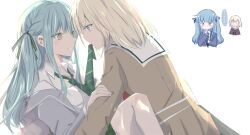 2girls 55ddee bang_dream! bang_dream!_it&#039;s_mygo!!!!! between_legs blonde_hair blue_hair brown_dress collared_shirt dress green_necktie green_ribbon grey_jacket hair_ornament hanasakigawa_school_uniform hand_on_another&#039;s_arm haneoka_school_uniform jacket looking_at_another medium_hair misumi_uika mouth_hold multiple_girls necktie necktie_in_mouth parted_lips purple_eyes ribbon sailor_collar school_uniform shirt simple_background togawa_sakiko two_side_up white_background white_sailor_collar white_shirt yellow_eyes yuri