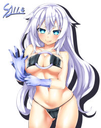 1girl animal_ear_fluff animal_ears aqua_eyes black_heart_(neptunia) blush bow breasts cameltoe gloves highres kurozero latex latex_gloves long_hair medium_breasts naughty_face navel neptune_(series) partially_visible_vulva power_symbol power_symbol-shaped_pupils swimsuit symbol-shaped_pupils very_long_hair white_hair