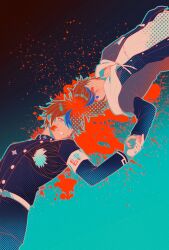 2boys ahoge armband black_background blood blood_on_face blood_splatter blue_background blue_eyes blue_hair closed_mouth gradient_background highres holding_hands last_defense_academy_school_uniform lying male_focus messy_hair multicolored_hair multiple_boys on_back one_eye_covered open_mouth red_hair smile sumino_takumi teeth the_hundred_line_-last_defense_academy-