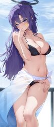 1girl absurdres against_railing alternate_costume bikini bikini_tug black_bikini blue_archive blue_sky blush breasts cleavage cloud collarbone commentary day feet_out_of_frame halo halterneck hand_to_own_mouth head_tilt highres large_breasts looking_at_viewer mechanical_halo navel outdoors ponytail purple_eyes purple_hair railing rosumerii sarong see-through_clothes see-through_sarong sky solo star_(symbol) star_sticker sticker_on_face stomach string_bikini string_pull swimsuit thighs yuuka_(blue_archive)