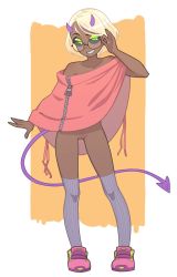 Rule 34 | 1girl, black sclera, blonde hair, cleft of venus, collarbone, colored sclera, dark-skinned female, dark skin, demon girl, demon tail, eyebrows, full body, glasses, green eyes, grin, highres, horns, kneehighs, legs apart, no panties, no pants, nose, purple tail, pussy, shoes, short hair, smile, socks, standing, tail, teeth, the pink pirate