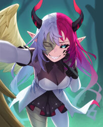 1girl asymmetrical_legwear black_gloves black_sclera black_skirt blue_eyes breasts cleavage colored_sclera commentary dasdokter demon_girl dress english_commentary feathered_wings gloves grin half_mask hand_up highres hololive hololive_english horns irys_(hololive) jungle large_breasts long_hair looking_at_viewer mask miniskirt mismatched_legwear multicolored_hair nature outdoors outstretched_arm pointing pointing_at_self pointy_ears purple_hair reaching reaching_towards_viewer see-through_cleavage see-through_clothes sharp_teeth single_wing skirt skirt_under_dress slit_pupils smile solo split-color_hair teeth very_long_hair virtual_youtuber white_dress white_hair white_sleeves wings