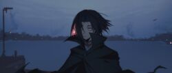 Rule 34 | 1boy, absurdres, akatsuki (akatsuki en-eins), akatsuki blitzkampf, black eyes, black hair, cloak, coat, deadpan, hair flowing over, hair intakes, highres, male focus, military uniform, scenery, short hair, sky, solo, sora (zombiebathwater), trench coat