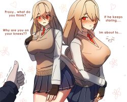 Rule 34 | alexandrina sebastiane, blush, bow, bowtie, breasts, dorahdew, english text, fingerless gloves, gloves, grey hair, hand on own chest, highres, large breasts, long hair, miniskirt, red eyes, school uniform, shirt, skirt, sweatdrop, thighs, thumbs up, white background, white shirt, wise (zenless zone zero), zenless zone zero
