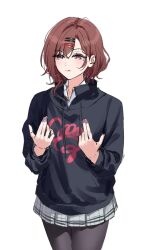 1girl black_hoodie black_pantyhose blush brown_hair closed_mouth clothes_writing commentary cowboy_shot english_commentary hair_ornament hairclip hands_up highres higuchi_madoka hood hood_down hoodie idolmaster idolmaster_shiny_colors long_sleeves medium_hair meme miniskirt mole mole_under_eye nail_polish nonbire pantyhose pleated_skirt purple_eyes purple_nails simple_background skirt solo sybau_(meme) white_background white_skirt