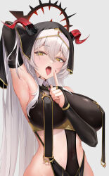 1girl absurdres arm_up armpits blush breast_curtains breasts bridal_gauntlets covered_navel grey_background halo highres horns large_breasts long_hair looking_at_viewer nail_polish open_mouth original raurashun red_horns red_nails simple_background solo tongue tongue_out upper_body white_hair yellow_eyes