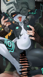1boy 1girl arms_behind_head bar_censor barefoot black_gloves black_nails black_skin breasts censored colored_nipples colored_sclera colored_skin completely_nude fingerless_gloves footjob gloves green_nipples hetero highres jtveemo midna multicolored_skin nail_polish nintendo nipples nude open_mouth penis pussy red_eyes sex sharp_teeth small_breasts teeth the_legend_of_zelda the_legend_of_zelda:_twilight_princess toenails tongue tongue_out two-tone_skin upper_teeth_only vaginal white_skin yellow_sclera