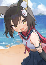 1girl absurdres animal_ear_fluff animal_ears beach black_hair black_sailor_collar black_skirt black_sleeves blue_archive blue_sky blush cloud commentary demineko eyes_visible_through_hair fang fox_ears fox_hair_ornament highres izuna_(blue_archive) looking_at_viewer mountain neckerchief no_halo ocean open_mouth red_neckerchief red_scarf sailor_collar scarf shirt short_hair skirt sky sleeveless sleeveless_shirt solo sweat white_shirt yellow_eyes
