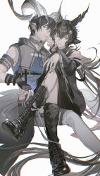 2boys absurdres androgynous animal_ears arknights black_footwear black_hair blue_eyes blue_shirt boots chain chain_necklace character_request check_character check_gender chinese_commentary chunbuchou commentary_request cropped_jacket crossed_legs earclip fingerless_gloves gender_request gloves grey_gloves grey_jacket grey_pants hair_between_eyes hair_ornament highres hood hood_down hooded_jacket horns infection_monitor_(arknights) jacket jewelry long_hair male_focus multiple_boys necklace necklace_pull pants parted_lips purple_eyes shirt short_hair sitting sitting_on_person skull_hair_ornament sleeveless sleeveless_shirt white_background yaoi