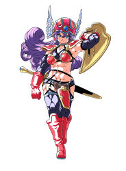 Rule 34 | 1girl, abs, armor, bikini armor, black panties, black sleeves, black socks, blue eyes, boots, breasts, choker, cleavage, clenched hand, commentary request, curly hair, detached sleeves, dragon quest, dragon quest iii, full body, gloves, helmet, highres, holding, holding shield, long hair, looking at viewer, medium breasts, midriff, mochimochinpo, muscular, muscular female, o-ring, o-ring legwear, panties, purple hair, red armor, red boots, red gloves, red helmet, scabbard, sheath, sheathed, shield, silver choker, silver thighlet, socks, solo, sword, underwear, warrior, warrior (dq3), weapon, white background, winged helmet