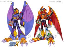 2boys android arm_cannon armor beak bird claws clenched_hand closed_mouth eagle forehead_jewel full_body green_eyes gunzcon helmet highres jewelry logo mechanical_wings mega_man_(series) mega_man_x1 mega_man_x_(series) metal_wings multiple_boys non-humanoid_robot purple_armor purple_helmet red_armor red_eyes red_helmet robot robot_animal robot_bird shoulder_armor sigma_symbol signature storm_eagle_(mega_man) storm_eagle_l_(mega_man) weapon wings