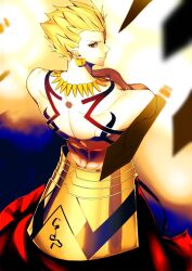 1boy armor back blonde_hair body_markings cape closed_mouth crossed_arms earrings fate/grand_order fate_(series) from_behind gilgamesh_(fate) gold_armor gold_necklace goryu_hant highres jewelry light_smile looking_at_viewer muscular muscular_male necklace red_eyes short_hair solo spiked_hair spiked_necklace