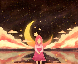 1girl aandulce artist_name bow bowtie cloud cloudy_sky crescent dress highres long_hair long_sleeves moon night one_eye_closed original reflection shooting_star sky star_(sky) tagme