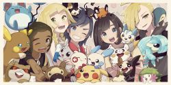 2girls 3boys :d ^_^ alolan_form alolan_raichu alolan_rattata alolan_sandshrew bidoof black_eyes black_hair blonde_hair bob_cut braid brown_hair closed_eyes creature creatures_(company) cyndaquil dark-skinned_male dark_skin dedenne elio_(pokemon) emolga falling game_freak gen_1_pokemon gen_2_pokemon gen_3_pokemon gen_4_pokemon gen_5_pokemon gen_6_pokemon gen_7_pokemon gen_8_pokemon gladion_(pokemon) green_eyes hair_over_one_eye happy hau_(pokemon) highres holding holding_pokemon legendary_pokemon lillie_(pokemon) long_hair looking_at_viewer marill minccino minun miu_(miuuu_721) morpeko morpeko_(full) multiple_boys multiple_girls mythical_pokemon nintendo on_head on_shoulder one_eye_closed open_mouth patrat pikachu plusle pokemon pokemon_(creature) pokemon_on_head pokemon_on_shoulder pokemon_sm selene_(pokemon) shaymin shaymin_(land) shirt short_hair signature smile togedemaru
