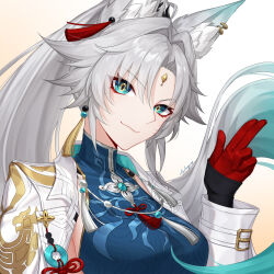 1girl animal_ear_fluff animal_ears anlessya aqua_hair blue_dress blue_eyes breasts closed_mouth dress earrings feixiao_(honkai:_star_rail) forehead_jewel fox_ears fox_girl gloves gradient_hair grey_hair hair_ornament highres honkai:_star_rail honkai_(series) jacket jewelry long_hair long_sleeves multicolored_hair open_clothes open_jacket red_gloves signature solo tassel tassel_hair_ornament upper_body white_jacket