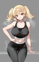 1girl absurdres alternate_costume arm_support black_pants black_sports_bra blonde_hair breasts burnice_white collarbone commentary cowboy_shot grey_background grin hand_on_own_hip highres large_breasts looking_at_viewer medium_hair midriff pants ppangchil smile solo sports_bra steaming_body sweat symbol-only_commentary twintails yellow_eyes zenless_zone_zero