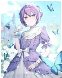 1girl :&lt; alternate_costume armband blue_butterfly blue_sky blush bow bug butterfly buttons cloud commentary dress fingernails flat_chest frilled_dress frilled_wrist_cuffs frills hair_between_eyes hand_up hat hat_bow highres insect layered_dress lolita_fashion long_dress looking_at_viewer mochiro_chio puffy_short_sleeves puffy_sleeves purple_bow purple_dress purple_eyes purple_hair purple_nails short_hair short_sleeves sky solo utane_uta utau white_armband white_bow white_headdress white_wrist_cuffs wrist_cuffs