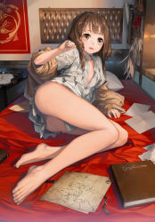1girl arm_support ass banner bare_legs barefoot bed_sheet blunt_bangs blush book brown_eyes brown_hair brown_jacket day feathers feet female_focus flat_chest foreshortening frown full_body indoors inkwell jacket justminor legs long_hair long_sleeves low_twintails map miniskirt no_bra off_shoulder open_clothes open_jacket open_shirt original paper parted_lips pillow pleated_skirt pouch red_ribbon ribbon shirt skirt solo sunlight tareme toes twintails white_shirt white_skirt