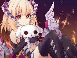 Rule 34 | 1girl, battle girl high school, black gloves, black thighhighs, blonde hair, brown eyes, c520gpss, closed mouth, gloves, horns, long hair, looking at viewer, short hair, signature, sitting, solo, striped horns, stuffed animal, stuffed toy, thighhighs, watagi michelle
