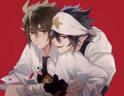 2boys ahoge anmicius aotu_world bandaged_arm bandages bandana black_gloves black_hair black_necktie blush brown_hair closed_mouth collared_shirt ez_1011 fang fingerless_gloves gloves green_eyes hair_between_eyes headband hood hoodie hug hug_from_behind looking_at_viewer male_focus medium_hair multiple_boys necktie open_mouth pointy_ears purple_eyes ray_(aotu_world) red_background shirt short_hair simple_background sleeves_rolled_up smile spiked_hair star_(symbol) star_print teeth thick_eyebrows upper_body white_headband white_hoodie white_shirt yaoi