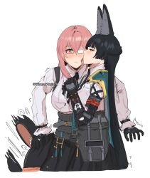 2girls absurdres animal_ears artist_name black_gloves black_hair black_skirt blunt_bangs blush closed_mouth dress_shirt fox_ears fox_girl glasses gloves green_jacket hair_between_eyes high-waist_skirt highres hoshimi_miyabi jacket licking licking_another&#039;s_cheek licking_another&#039;s_face long_hair multiple_girls pink_eyes pink_hair red_eyes shirt sidelocks skirt sleepy_kaslana tsukishiro_yanagi white_shirt yuri zenless_zone_zero