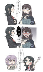 3girls 5-string_bass_guitar bang_dream! bang_dream!_it&#039;s_mygo!!!!! bass_guitar black_choker black_hair black_jacket blue_eyes blush breasts chinese_commentary choker cleavage commentary_request criangle_k. drumsticks ear_piercing earrings extended_range_bass_guitar frilled_shirt frills grey_shirt highres holding holding_drumsticks instrument jacket jewelry medium_hair multiple_girls open_mouth piercing pink_eyes purple_eyes shiina_taki shirt short_hair simple_background slap_mark slap_mark_on_face smile sweatdrop translation_request white_background yahata_umiri yuri yuutenji_nyamu