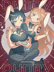 2girls :3 animal_ears arm_tattoo arms_under_breasts averting_eyes bare_arms bare_shoulders black_bow black_bowtie black_hair black_leotard black_shoes blush bow bowtie breast_press breasts breasts_on_shoulders brown_eyes bunny_day chest_tattoo cleavage commentary_request crossed_arms crossed_legs detached_collar earrings fake_animal_ears fake_tail feet_out_of_frame fishnet_pantyhose fishnets genderswap genderswap_(mtf) hand_on_another&#039;s_shoulder jewelry large_breasts leotard long_hair looking_at_another multiple_girls nami_(one_piece) one_piece orange_hair pantyhose pearl_earrings playboy_bunny rabbit_ears rabbit_tail shoes short_hair shoulder_tattoo single_sidelock sitting strapless strapless_leotard tail tattoo trafalgar_law twitter_username wavy_hair yum_xoxo_yum