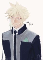 1boy absurdres blonde_hair blue_eyes blue_jacket blue_necktie character_name cloud_strife collared_shirt commentary connor_(detroit) connor_(detroit)_(cosplay) copyright_name cosplay detroit:_become_human english_commentary expressionless final_fantasy final_fantasy_vii grey_background highres jacket looking_to_the_side male_focus necktie nomad_vv shirt short_hair simple_background solo spiked_hair upper_body white_shirt