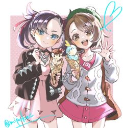 2girls :d asymmetrical_bangs black_choker black_hair black_jacket blue_eyes brown_bag brown_eyes brown_hair cardigan cherry choker closed_mouth cowboy_shot dress food fruit gloria_(pokemon) green_hat grey_cardigan hair_ribbon hat highres holding holding_ice_cream_cone holding_spoon ice_cream_cone ice_cream_spoon jacket long_sleeves looking_at_viewer marnie_(pokemon) mipokec multiple_girls nintendo open_mouth pink_dress pokemon pokemon_swsh red_ribbon ribbon signature smile spoon teeth twintails twitter_username upper_teeth_only