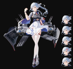 1girl absurdres black_background blue_hair breasts full_body galodos headphones headphones_around_neck high-waist_skirt highres long_hair medium_breasts multiple_expressions original personification rigging ship_turret simple_background skirt solo thighhighs torpedo_launcher tromp underboob white_skirt white_thighhighs yellow_eyes