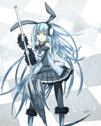 1girl animal_ears bad_id bad_pixiv_id belt blue_eyes blue_hair brush detached_sleeves female_focus ganesagi headphones highres long_hair matching_hair/eyes original pantyhose pixiv pixiv-tan rabbit_ears solo very_long_hair weapon