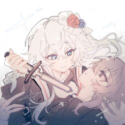 1boy 1girl at_knifepoint blue_eyes floating_hair flower hair_between_eyes hair_flower hair_ornament haku_eckaran happy_saint_sheol highres holding holding_knife knife looking_at_another okamo_(oakm071) parted_lips pointing_melee_weapon ponytail purple_eyes purple_hair securett_rafe sidelocks smile sparkle white_background white_hair