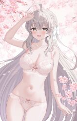 1girl :d ahoge arm_up bare_shoulders blush bow bow_panties bra breasts cherry_blossoms cleavage collarbone commentary_request fingernails floral_print_bra gluteal_fold grey_hair hair_between_eyes hair_bow highres kurumi_lm lace lace-trimmed_bra lace-trimmed_panties lace_trim large_breasts long_hair looking_at_viewer navel open_mouth original paid_reward_available panties signature smile solo stomach twitter_username underwear very_long_hair white_bow yellow_eyes