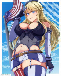 1girl american_flag american_flag_legwear asymmetrical_legwear blonde_hair blue_eyes breasts elbow_gloves fingerless_gloves flagpole front-tie_top garter_straps gloves hair_between_eyes headgear iowa_(kancolle) kantai_collection large_breasts long_hair microskirt mismatched_legwear navel noteblue salute skirt solo star-shaped_pupils star_(symbol) striped_clothes striped_skirt striped_thighhighs symbol-shaped_pupils thighhighs vertical-striped_clothes vertical-striped_skirt vertical-striped_thighhighs very_long_hair