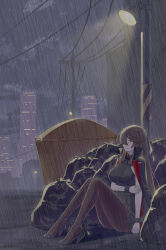 1girl :o black_jacket black_ribbon black_rose_(counter:side) black_shirt black_skirt bow breasts brown_hair city commission counter:side footwear_bow from_side half_updo high_heels highres holding_own_arm impossible_clothes impossible_shirt jacket jacket_on_shoulders knees_up lamppost large_breasts long_hair maxilax miniskirt neck_ribbon night pantyhose pile_of_trash power_lines rain red_jacket ribbon shirt sitting skirt solo strappy_heels trash trash_bag two-sided_fabric two-sided_jacket utility_pole wrist_cuffs