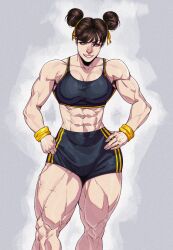 1girl abs absurdres az_ciam breasts brown_eyes brown_hair capcom chun-li double_bun hair_bun highres medium_breasts muscular muscular_female short_hair shorts smile solo street_fighter tank_top thick_thighs thighs wristband