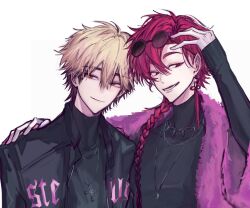 2boys black_hair black_jacket black_shirt blonde_hair braid braided_ponytail chinese_commentary chinese_knot closed_mouth cross cross_necklace earrings eyewear_on_head fur_jacket hair_between_eyes hand_on_another&#039;s_shoulder hand_on_own_head he108368 highres jacket jewelry leather leather_jacket long_hair long_sleeves looking_at_viewer male_focus multicolored_hair multiple_boys necklace official_alternate_costume open_clothes open_mouth orange_eyes pink_jacket red_eyes red_hair shiguang_dailiren shirt short_hair simple_background single_braid single_earring sleeves_past_wrists smile sunglasses tassel tassel_earrings teeth turtleneck upper_body white_background xia_fei xiao_weiying yaoi yellow_eyes