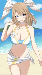 1girl absurdres artist_name bikini blue_bikini blue_eyes blue_sky breast_tattoo breasts brown_hair choker cleavage closed_mouth collarbone commentary cowboy_shot english_commentary eunie_(xenoblade) feathered_wings hand_up head_wings hello_pty highres large_breasts long_hair medium_hair navel ocean official_alternate_costume open_mouth sky smile solo standing stomach swimsuit tattoo very_long_hair white_bikini white_choker white_wings wings xenoblade_chronicles_(series) xenoblade_chronicles_3