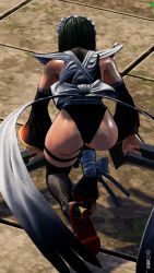 1girl 3d ass ass_focus black_leotard breasts butterfly_swords curvy highleg highleg_leotard highres holding holding_weapon huge_ass iroha_(samurai_spirits) kneeling large_breasts leotard maid maid_headdress ryona samurai_spirits screencap shiny_skin sideboob skindentation solo thighhighs third-party_edit thong_leotard weapon wide_hips