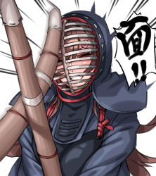 1girl blush bougu breasts brown_hair chinese_text clenched_teeth closed_eyes fang hair_between_eyes hair_ornament hairclip jing_tang_(naidong) kendo kendo_mask kendo_sword long_hair motion_lines naidong_(artist) original speed_lines sword teeth weapon wooden_sword