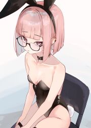 Rule 34 | 1girl, animal ears, bare shoulders, black choker, black leotard, blunt bangs, bob cut, breasts, chair, choker, cleavage, collarbone, commentary, covered navel, fake animal ears, fake tail, fishnet pantyhose, fishnets, from above, glasses, highres, leotard, multicolored eyes, orange eyes, original, pantyhose, playboy bunny, rabbit tail, rifufu, short hair, sitting, small breasts, solo, steam, symbol-only commentary, tail, thighs, yellow eyes