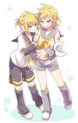 1boy 1girl :d arm_tattoo blonde_hair blue_eyes blush brother_and_sister closed_mouth collarbone cosplay costume_switch detached_sleeves embarrassed eye_contact full_body grabbing_another&#039;s_arm grey_leg_warmers grey_sailor_collar grey_shorts grey_sleeves hair_ornament hairclip headphones headphones_removed holding holding_headphones kagamine_len kagamine_len_(cosplay) kagamine_rin kagamine_rin_(cosplay) leaning_forward leg_warmers looking_at_another medium_hair number_tattoo open_mouth sailor_collar sailor_shirt shirt short_hair short_shorts shorts siblings sketch sleeveless sleeveless_shirt smile standing suzumi_(fallxalice) sweatdrop tattoo vocaloid wavy_mouth white_background white_shirt