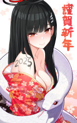 1girl 2025 absurdres animal bare_shoulders black_hair black_halo blue_archive body_writing breasts brown_eyes chinese_zodiac cleavage closed_mouth floral_print hair_ornament hairclip halo highres japanese_clothes kimono large_breasts long_hair merueru off_shoulder rio_(blue_archive) smile snake upper_body white_snake year_of_the_snake