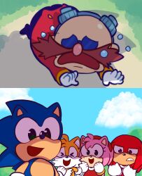 Rule 34 | absurdres, amy rose, apu spills his tendies (meme), bracelet, chibi, dr. eggman, dress, facial hair, gloves, highres, jacket, jewelry, knuckles fur, knuckles the echidna, mimiipyon, mustache, pink fur, scary smile, sega, smile, sonic &amp; friends, sonic (series), sonic the hedgehog, spiked hair, sunglasses, tails (sonic), yellow fur