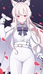 1girl akira_(blue_archive) animal_ear_fluff animal_ears belt black_choker blue_archive blue_background blue_bow blue_bowtie blush bow bowtie breasts caffeinechara cape choker collared_shirt colored_eyelashes commentary_request cowboy_shot eye_mask falling_petals gloves halo hand_on_cane hand_up highres long_hair long_sleeves looking_at_viewer medium_breasts pants petals pink_hair pink_halo red_eyes shirt sidelocks simple_background smile solo standing straight-on tail white_belt white_cape white_eyelashes white_gloves white_pants