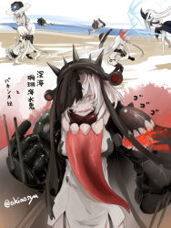 Rule 34 | 5girls, abyssal coral sea water oni, abyssal ship, aircraft carrier summer princess, akino shuu, beach, bikini, black bikini, black hat, blue eyes, breasts, character request, check character, dress, flaming eye, hair over one eye, hat, horns, kantai collection, large breasts, long hair, multiple girls, ne-class heavy cruiser, pale skin, red eyes, sand, seaport princess, seaport summer princess, side-tie bikini bottom, single horn, straw hat, swimsuit, translation request, twitter username, unworn hat, unworn headwear, very long hair, water, white dress, white hair, white hat