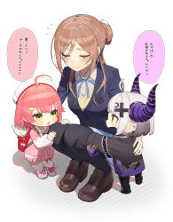 3girls absurdres ahoge backpack bag beret black_pantyhose blazer blue_jacket blue_ribbon blush blush_stickers brown_hair child commentary_request crossover demon_horns dress_shirt earrings facing_another flying_sweatdrops full_body gakuen_idolmaster grey_hair hat hatsuboshi_gakuen_school_uniform highres himesaki_rinami hololive horns idolmaster inoshishi969 jacket jewelry la+_darknesss multiple_girls neck_ribbon pantyhose pink_hair red_bag ribbon sakura_miko school_uniform shirt simple_background smile speech_bubble squatting stud_earrings sweatdrop sweater translation_request virtual_youtuber white_background white_hat white_shirt yellow_sweater